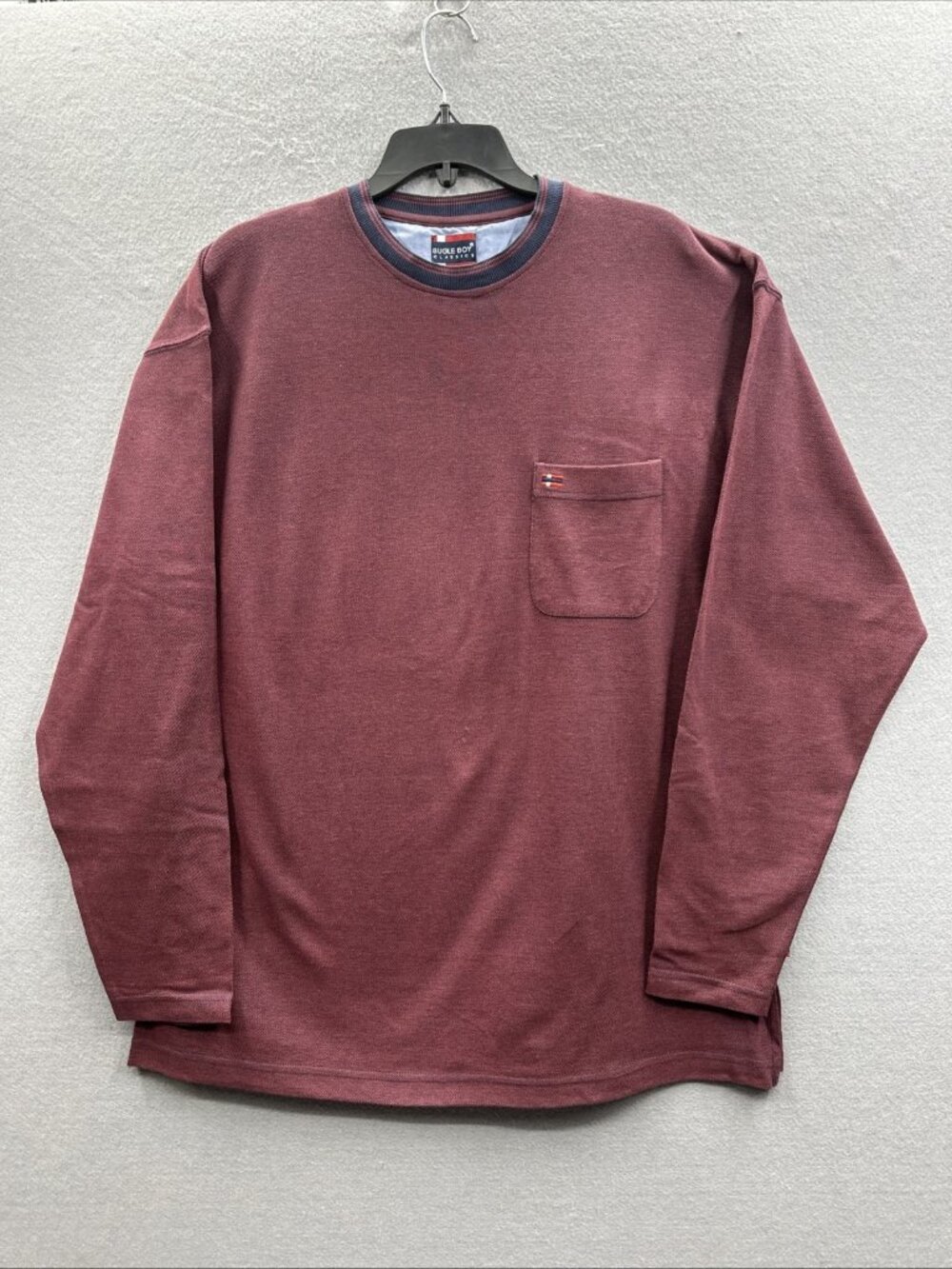 VTG Bugle Boy Thermal Shirt Mens L Burgundy Pique Knit Pocket Base Layer 90s